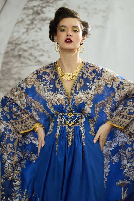 Shop_Rajdeep Ranawat_Blue Silk Embroidery V-neck Imama Regal Floral Print Kaftan 