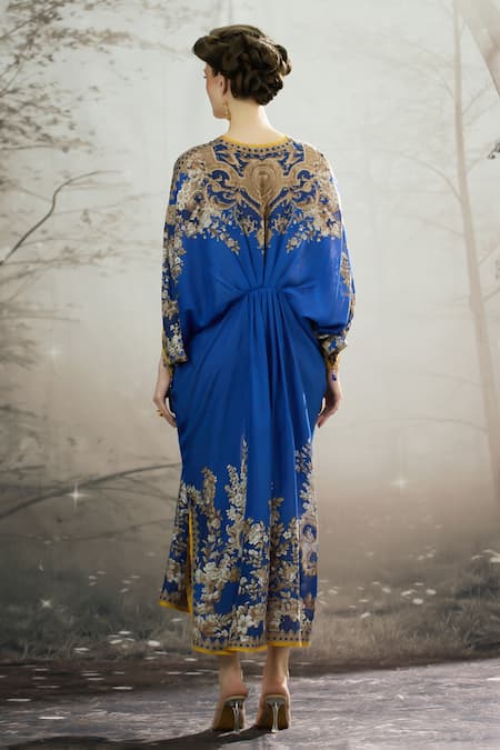 Shop_Rajdeep Ranawat_Blue Silk Embroidery V-neck Rasika Regal Floral Print Kaftan _at_Aza_Fashions