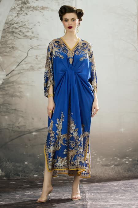 Rajdeep Ranawat_Blue Silk Embroidery V-neck Rasika Regal Floral Print Kaftan _Online_at_Aza_Fashions