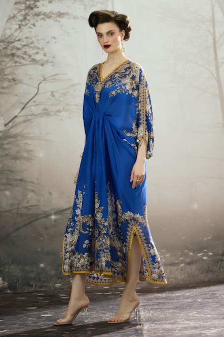 Buy_Rajdeep Ranawat_Blue Silk Embroidery V-neck Rasika Regal Floral Print Kaftan _Online_at_Aza_Fashions