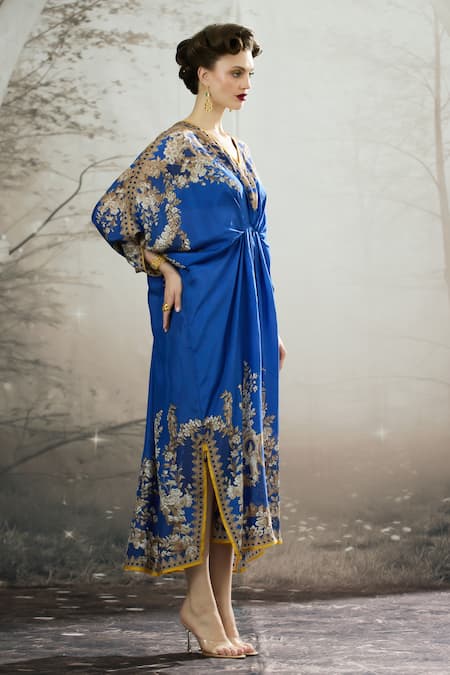 Shop_Rajdeep Ranawat_Blue Silk Embroidery V-neck Rasika Regal Floral Print Kaftan _Online_at_Aza_Fashions