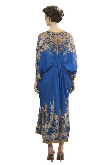Rajdeep Ranawat_Blue Silk Embroidery V-neck Rasika Regal Floral Print Kaftan _at_Aza_Fashions