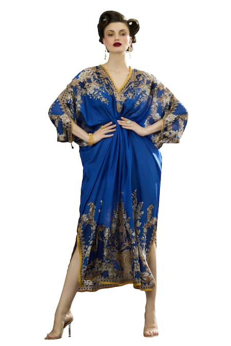 Buy_Rajdeep Ranawat_Blue Silk Embroidery V-neck Rasika Regal Floral Print Kaftan 
