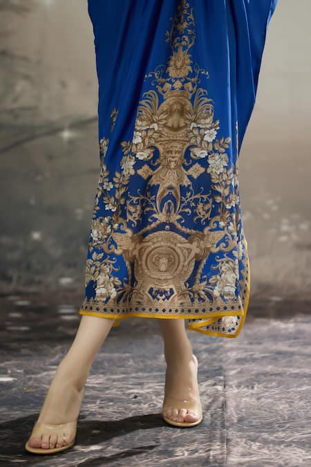 Shop_Rajdeep Ranawat_Blue Silk Embroidery V-neck Rasika Regal Floral Print Kaftan 
