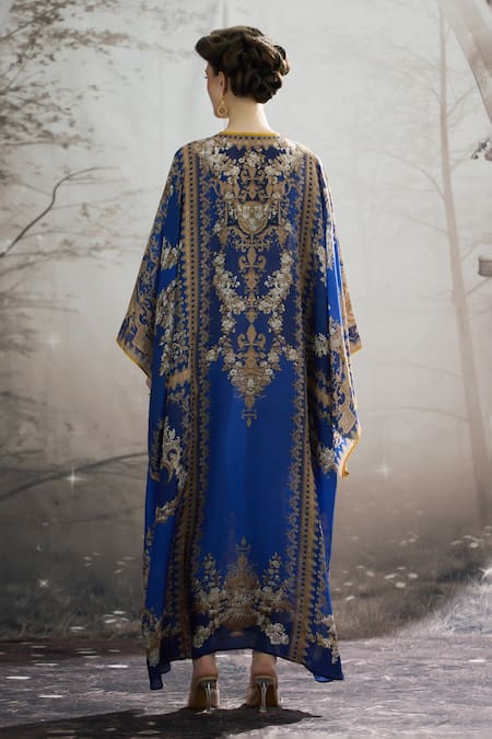 Shop_Rajdeep Ranawat_Blue Silk Embroidery Round Neck Beatrice Floral Print Kaftan _at_Aza_Fashions