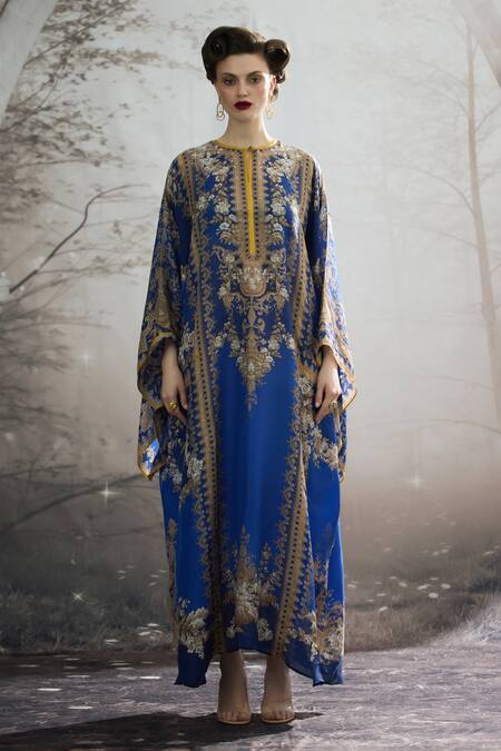 Rajdeep Ranawat_Blue Silk Embroidery Round Neck Beatrice Floral Print Kaftan _Online_at_Aza_Fashions