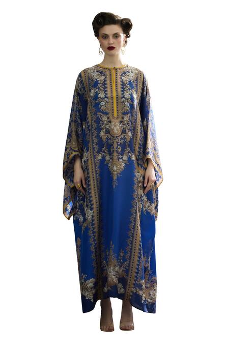 Buy_Rajdeep Ranawat_Blue Silk Embroidery Round Neck Beatrice Floral Print Kaftan _Online_at_Aza_Fashions