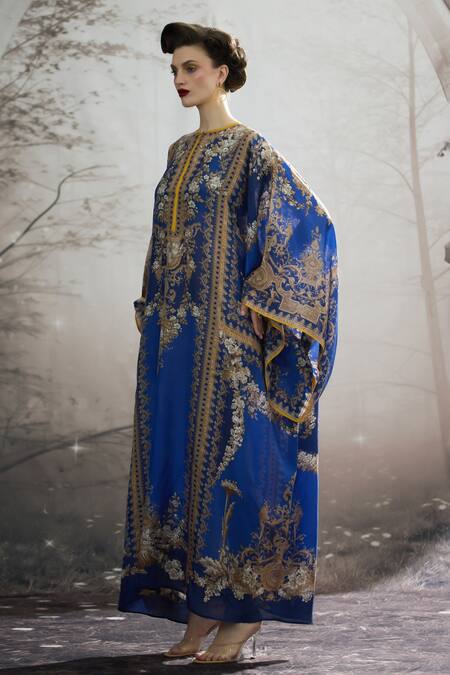 Shop_Rajdeep Ranawat_Blue Silk Embroidery Round Neck Beatrice Floral Print Kaftan _Online_at_Aza_Fashions