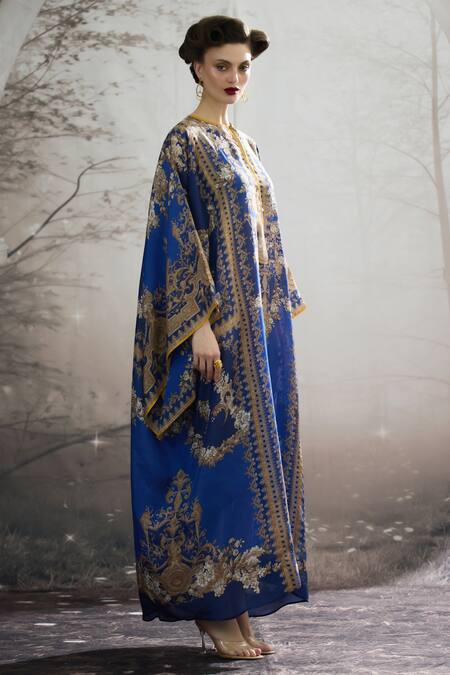 Rajdeep Ranawat_Blue Silk Embroidery Round Neck Beatrice Floral Print Kaftan _at_Aza_Fashions