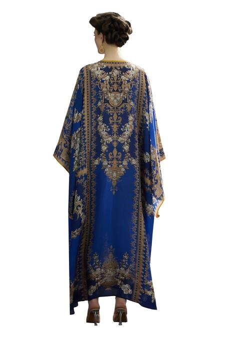 Buy_Rajdeep Ranawat_Blue Silk Embroidery Round Neck Beatrice Floral Print Kaftan 