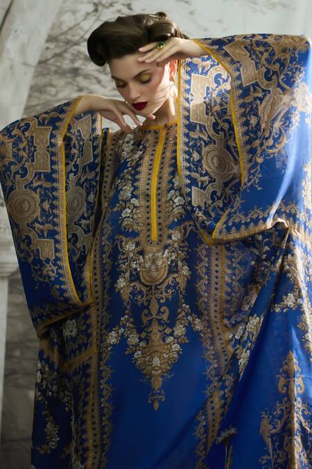 Shop_Rajdeep Ranawat_Blue Silk Embroidery Round Neck Beatrice Floral Print Kaftan 