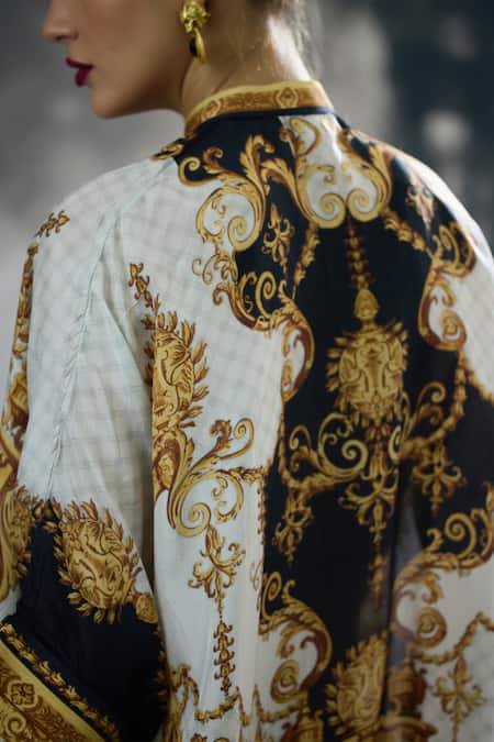 Rajdeep Ranawat_Black Silk Bandeau Neck Chanel Regal Print Tunic _at_Aza_Fashions