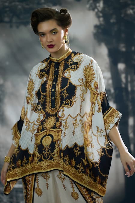 Buy_Rajdeep Ranawat_Black Silk Bandeau Neck Chanel Regal Print Tunic 