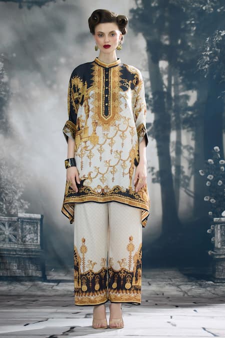 Rajdeep Ranawat_Black Silk Collared Chanel Regal Print Tunic _Online_at_Aza_Fashions