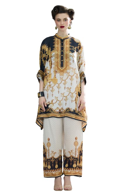 Buy_Rajdeep Ranawat_Black Silk Collared Chanel Regal Print Tunic _Online_at_Aza_Fashions