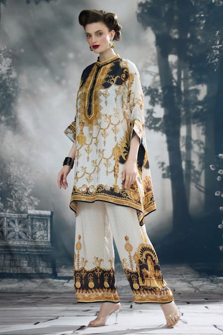 Shop_Rajdeep Ranawat_Black Silk Collared Chanel Regal Print Tunic _Online_at_Aza_Fashions