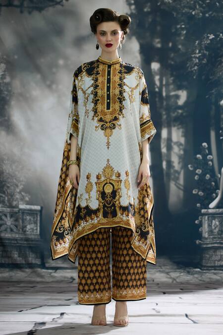 Rajdeep Ranawat_Black Silk Embroidery Collared Chantelle Regal Print Tunic _Online_at_Aza_Fashions