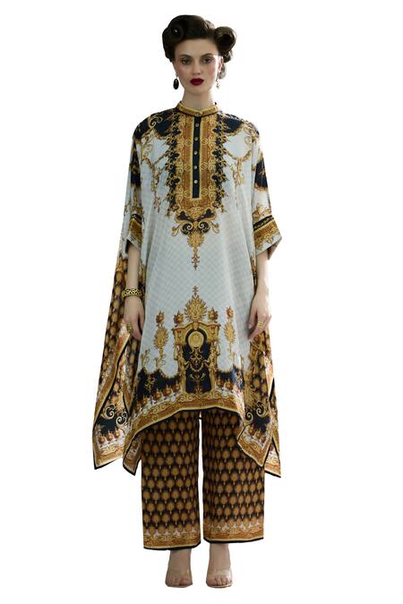 Buy_Rajdeep Ranawat_Black Silk Embroidery Collared Chantelle Regal Print Tunic _Online_at_Aza_Fashions