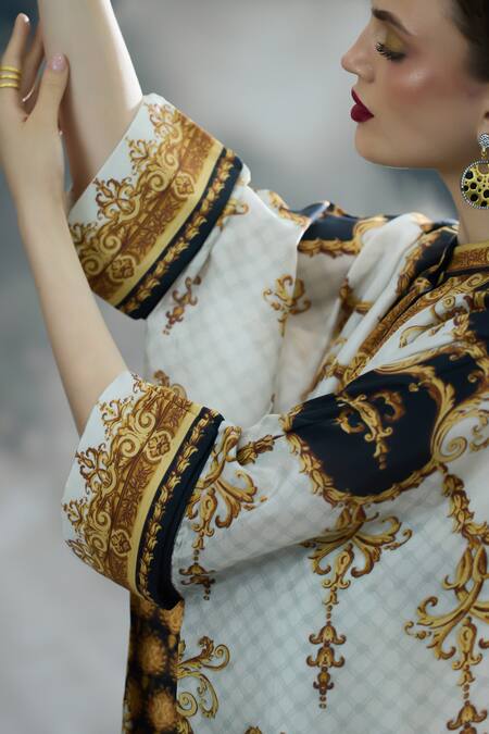 Buy_Rajdeep Ranawat_Black Silk Embroidery Collared Chantelle Regal Print Tunic 