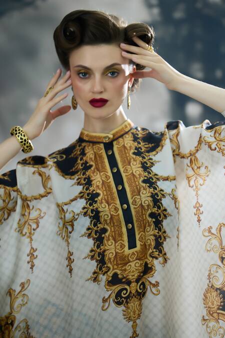 Shop_Rajdeep Ranawat_Black Silk Embroidery Collared Chantelle Regal Print Tunic 