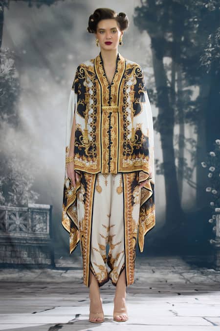 Rajdeep Ranawat_Black Chloe Silk Regal Print Cape _Online_at_Aza_Fashions