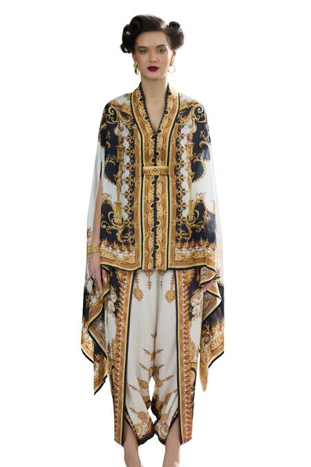 Buy_Rajdeep Ranawat_Black Chloe Silk Regal Print Cape _Online_at_Aza_Fashions