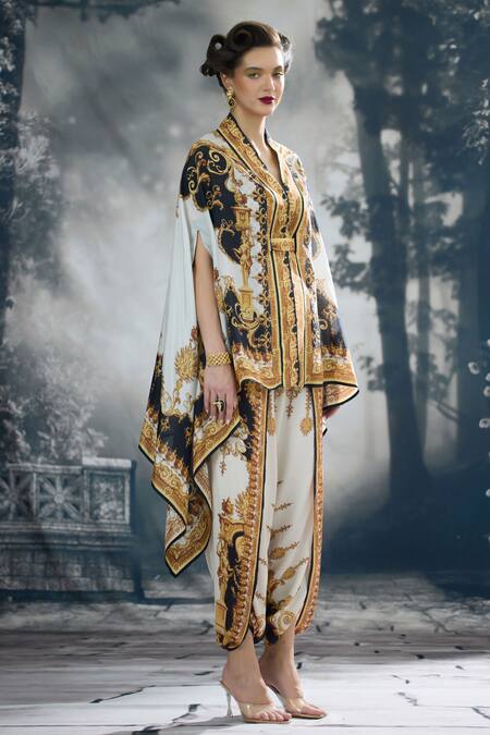 Shop_Rajdeep Ranawat_Black Chloe Silk Regal Print Cape _Online_at_Aza_Fashions