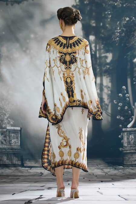 Shop_Rajdeep Ranawat_Black Silk Embroidery Round Neck Colette Regal Print Kaftan Top With Skirt _at_Aza_Fashions