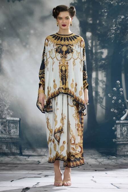 Rajdeep Ranawat_Black Silk Embroidery Round Neck Colette Regal Print Kaftan Top With Skirt _Online_at_Aza_Fashions