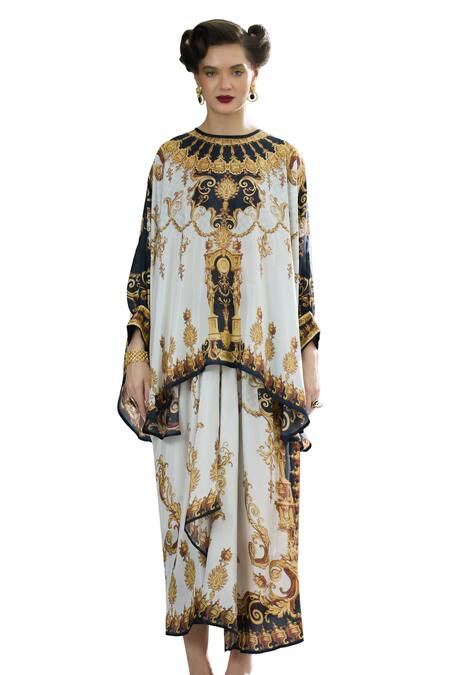 Buy_Rajdeep Ranawat_Black Silk Embroidery Round Neck Colette Regal Print Kaftan Top With Skirt _Online_at_Aza_Fashions