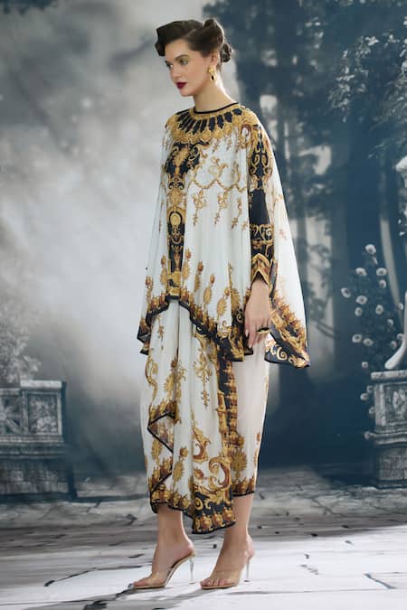 Shop_Rajdeep Ranawat_Black Silk Embroidery Round Neck Colette Regal Print Kaftan Top With Skirt _Online_at_Aza_Fashions