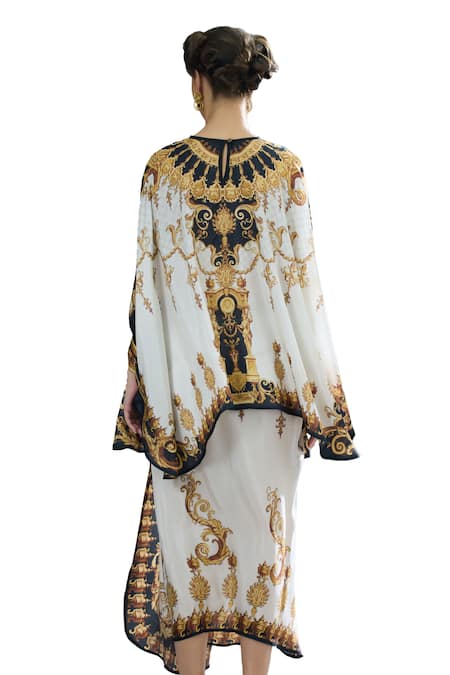 Rajdeep Ranawat_Black Silk Embroidery Round Neck Colette Regal Print Kaftan Top With Skirt _at_Aza_Fashions