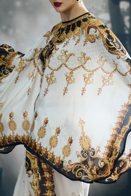 Buy_Rajdeep Ranawat_Black Silk Embroidery Round Neck Colette Regal Print Kaftan Top With Skirt 