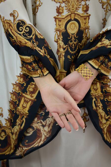 Shop_Rajdeep Ranawat_Black Silk Embroidery Round Neck Colette Regal Print Kaftan Top With Skirt 