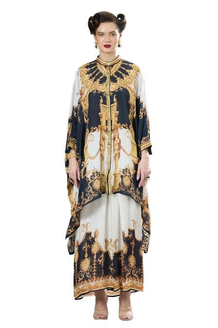 Rajdeep Ranawat_Black Silk Embroidery Collared Dakota Regal Print Kaftan _Online_at_Aza_Fashions