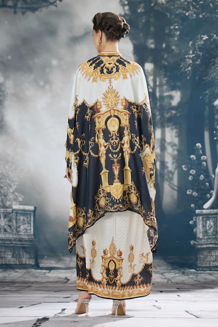 Shop_Rajdeep Ranawat_Black Silk Embroidery Collared Dakota Regal Print Kaftan _at_Aza_Fashions