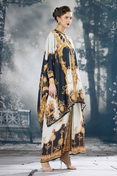 Shop_Rajdeep Ranawat_Black Silk Embroidery Collared Dakota Regal Print Kaftan _Online_at_Aza_Fashions