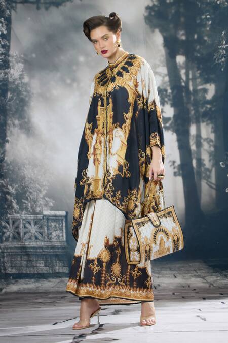 Buy_Rajdeep Ranawat_Black Silk Embroidery Collared Dakota Regal Print Kaftan 