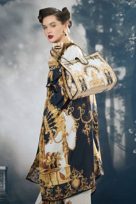 Shop_Rajdeep Ranawat_Black Silk Embroidery Collared Dakota Regal Print Kaftan 