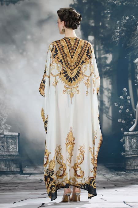 Shop_Rajdeep Ranawat_Black Silk Beads V-neck Imama Regal Print Kaftan _at_Aza_Fashions