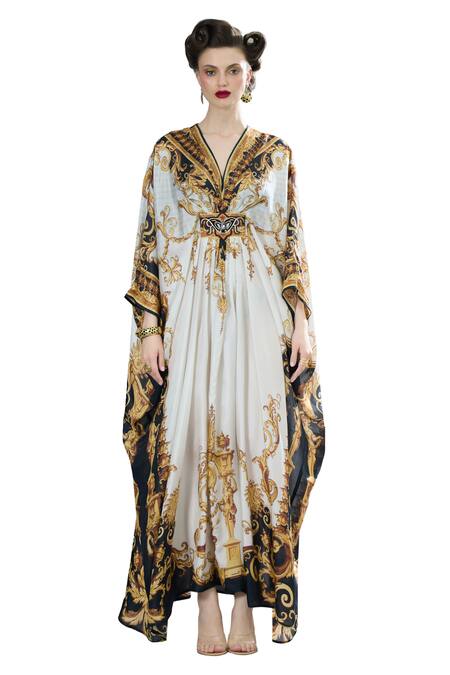 Buy_Rajdeep Ranawat_Black Silk Beads V-neck Imama Regal Print Kaftan _Online_at_Aza_Fashions