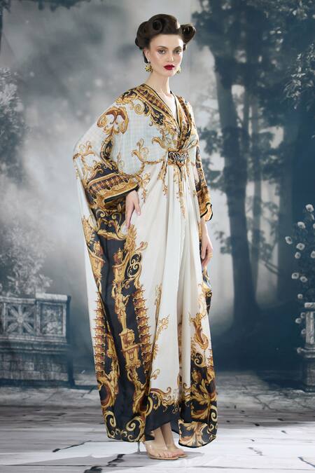 Shop_Rajdeep Ranawat_Black Silk Beads V-neck Imama Regal Print Kaftan _Online_at_Aza_Fashions