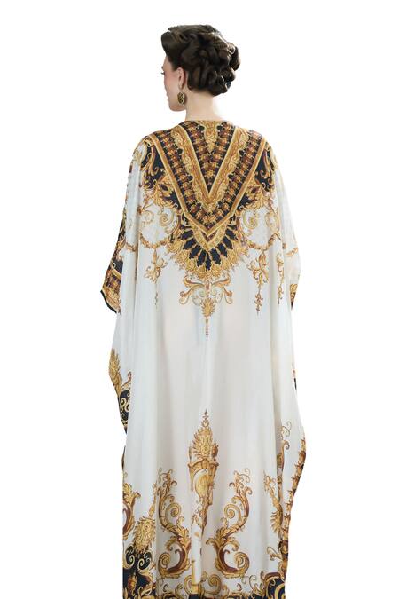 Rajdeep Ranawat_Black Silk Beads V-neck Imama Regal Print Kaftan _at_Aza_Fashions