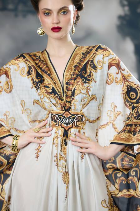 Shop_Rajdeep Ranawat_Black Silk Beads V-neck Imama Regal Print Kaftan 