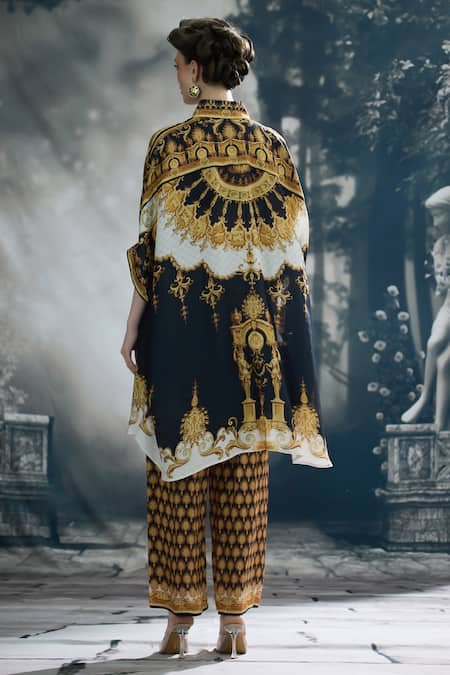 Shop_Rajdeep Ranawat_Black Silk Collared Kamara Regal Print Tunic _at_Aza_Fashions