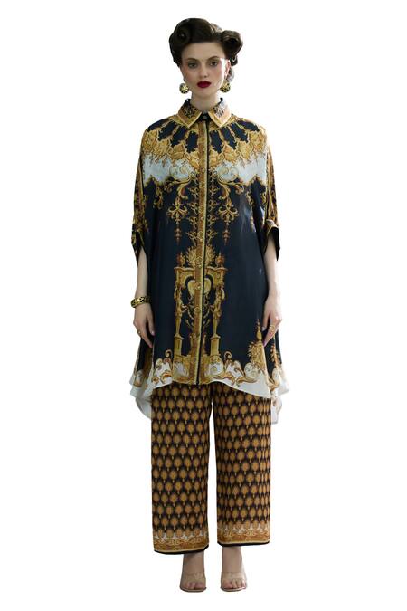 Buy_Rajdeep Ranawat_Black Silk Collared Kamara Regal Print Tunic _Online_at_Aza_Fashions