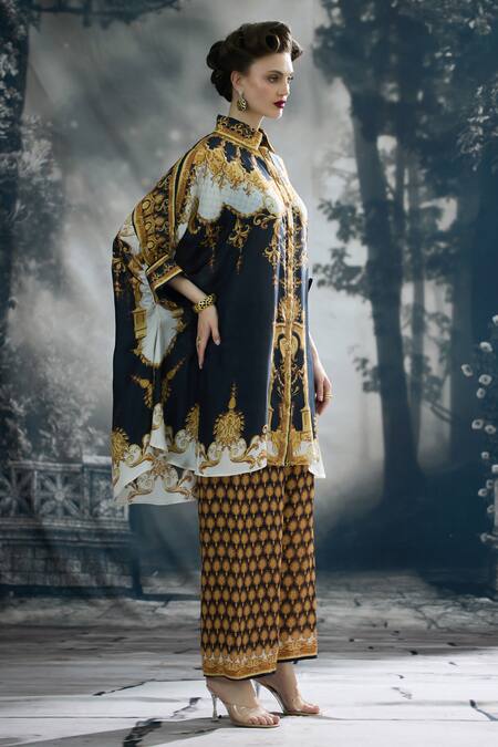 Shop_Rajdeep Ranawat_Black Silk Collared Kamara Regal Print Tunic _Online_at_Aza_Fashions