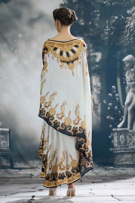 Shop_Rajdeep Ranawat_Black Silk Embroidery Boat Neck Kamini Regal Print Asymmetric Top With Skirt _at_Aza_Fashions