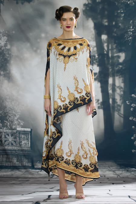 Rajdeep Ranawat_Black Silk Embroidery Boat Neck Kamini Regal Print Asymmetric Top With Skirt _Online_at_Aza_Fashions