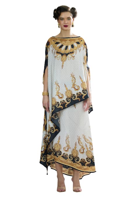 Buy_Rajdeep Ranawat_Black Silk Embroidery Boat Neck Kamini Regal Print Asymmetric Top With Skirt _Online_at_Aza_Fashions